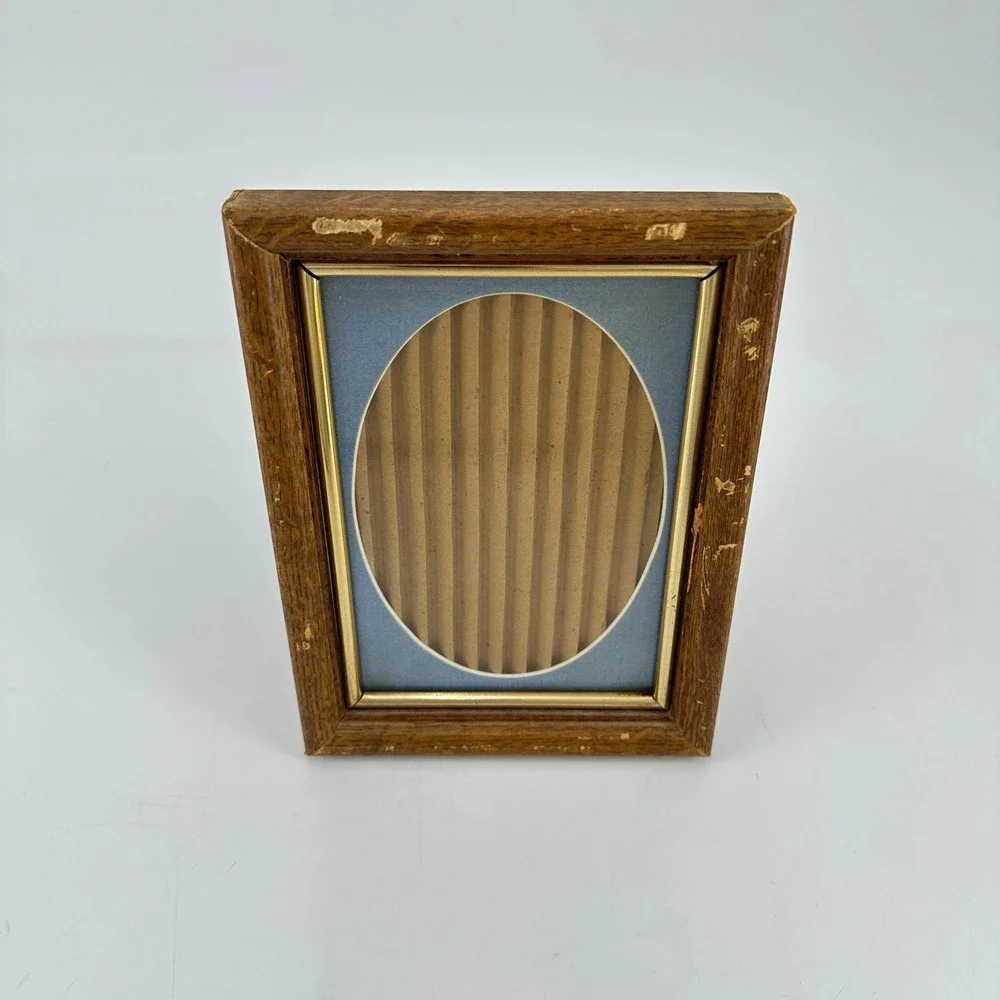 Vintage Wood Picture Frame Blue Oval Mat Gold Trim 5x7 Distressed Rustic Decor